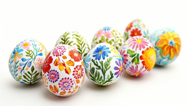 The beauty of Easter is captured in the vibrant designs of painted eggs against a clean, white background.