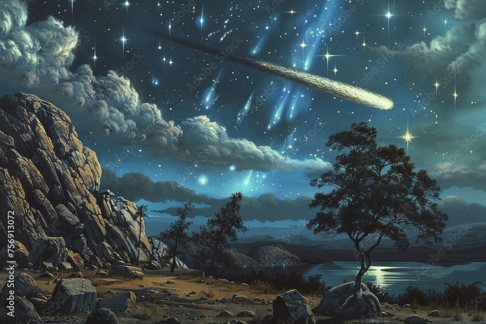 Poster a comet passing by the earth, visible only once in a lifetime