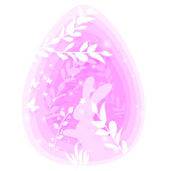 Vector illustration. Happy Easter holiday banner with layered cut out paper egg, bunny, flowers, butterflies. Design for holiday flyer, poster, greeting card, party invitation.