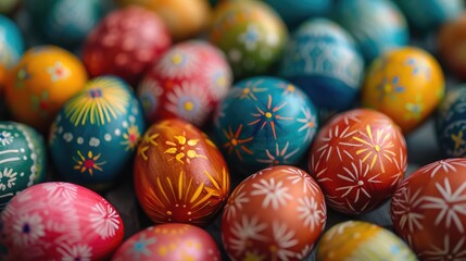 Fototapeta na wymiar The colorful and artfully painted Easter eggs nestled amidst lush grass and blossoming flowers create a joyful and festive Easter scene, embracing the spirit of the season.