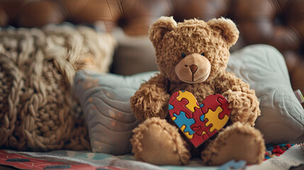 World Autism Awareness Day Concept: Tender Teddy Bear Holding Puzzle Piece, Symbol of Acceptance and Understanding, Inclusive Education Advocacy, Generative AI

