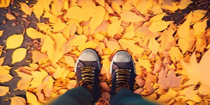 autumn at leaves yellow against above from shoes and Legs
