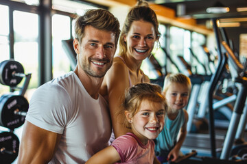 Fototapeta na wymiar Portrait of active happy family with two kids doing sport exercises in gym