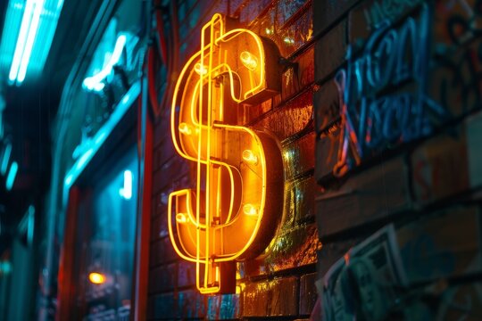 a dollar sign, shining brightly on a neon sign