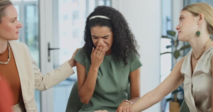 Woman, sad and support in therapy for mental health with discussion, crying and empathy from group meeting. Psychology, people and counseling session with depression, divorce and compassion in circle