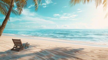 Tropical Beach Scene with Palm Trees and Lounge Chair
