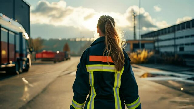 Female firefighter standing in front of a fire engine on the road.