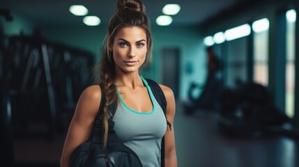 Fototapeta premium The photo captures the discipline and focus of a woman as she arrives at the gym, her bag serving as a reminder of her dedication to her fitness journey and her desire to strive for progress.