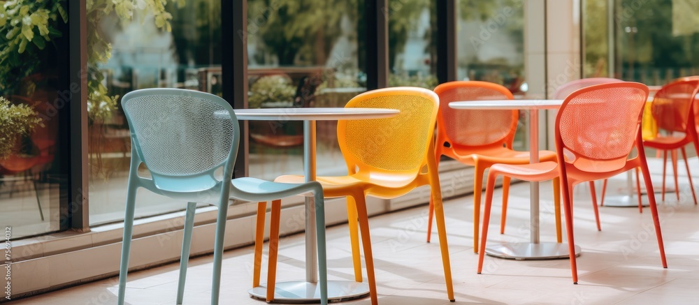 Poster a row of vibrant chairs and tables are placed in front of a large window overlooking the water. the 