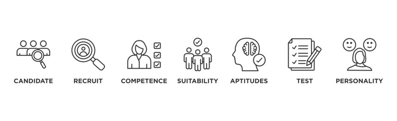 Assessment center banner web icon vector illustration concept for personal audit of human resources with icon of user candidate, recruit, competence, suitability, aptitudes, test and personality