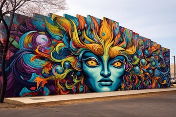 Street art mural transforms a city wall into a canvas of psychedelic wonders.