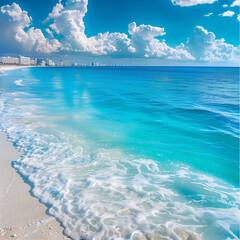 Clear waters of Cancun, Mexico, with cobalt blue sea and white sands, offering the ultimate relaxation and beauty on a tropical beach.  - obrazy, fototapety, plakaty
