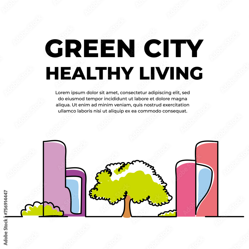 Poster vector illustration of a view of a building surrounded by green trees and plants. friendly city desi