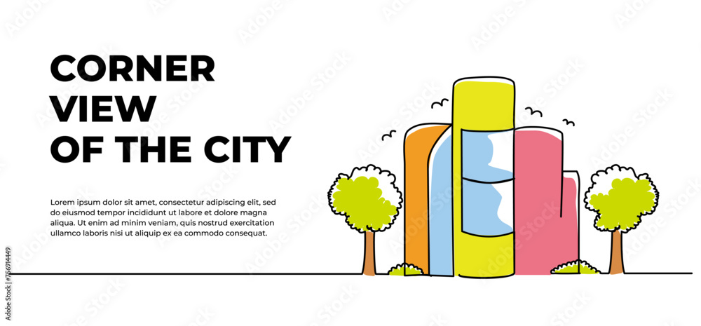 Poster vector illustration of a view of a building surrounded by green trees and plants. friendly city desi