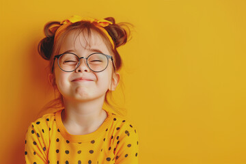 Cute little girl wearing eyeglasses in orange/yellow background.Space for copy