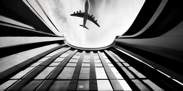 picture looking abstract white and black angle low building architecture modern and airplane Flying