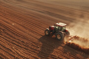 Obraz premium a farmer plowing a field, driving a tractor and turning the soil
