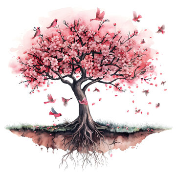 watercolor iIllustration, high detail, white background, a tree with deep roots and branches high detail, white background, pink sparrow high detail, watercolor