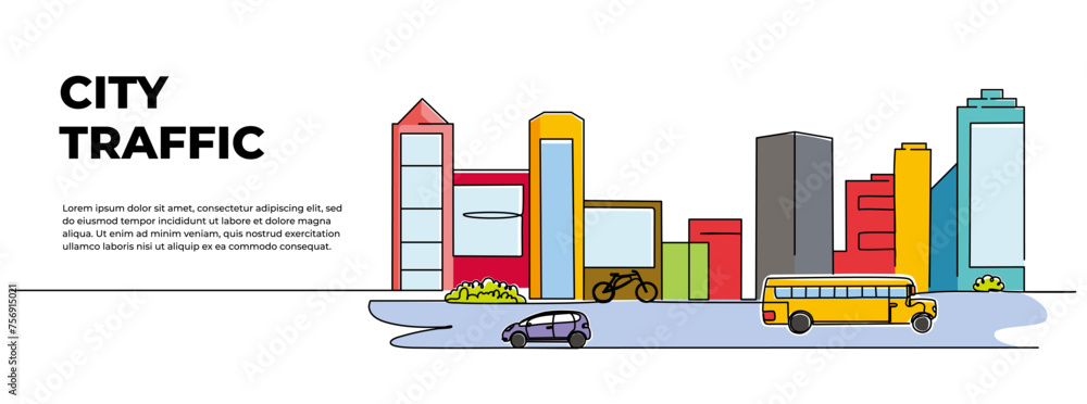 Poster vector illustration of city line view of vehicle traffic on the highway in front of the buildings. d