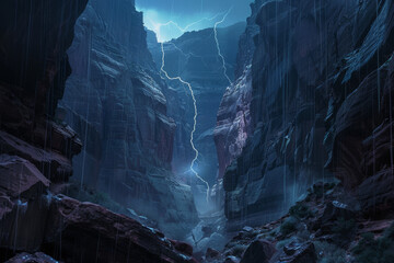A canyon gorge, lightning illuminating the depths, ancient rock formations standing silent witness