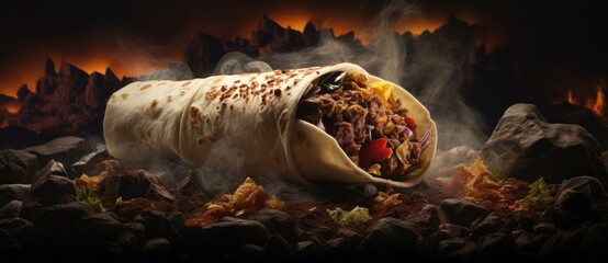 A delicious burrito enveloped in a cloud of savory, fragrant smoke. - obrazy, fototapety, plakaty