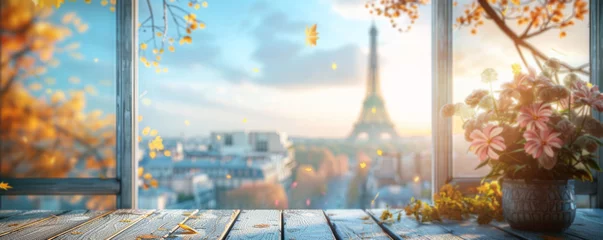  Beautiful scenery: empty white wooden table with Eiffel Tower view, blurred bokeh out of an open window, product display, defocus bokeh, blurred background with sunlight. product display template © ND STOCK