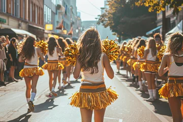Fotobehang A cheerleading parade, pom-poms waving, marching down a city street during a homecoming celebration © Formoney