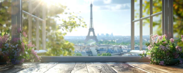 Deurstickers Eiffeltoren Beautiful scenery: empty white wooden table with Eiffel Tower view, blurred bokeh out of an open window, product display, defocus bokeh, blurred background with sunlight. product display template