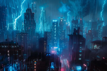 A city skyline at night, skyscrapers outlined by electric blue lightning bolts, rain-soaked streets reflecting the glow
