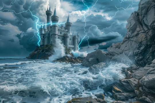 A castle on a cliff, turrets outlined by electric blue bolts, waves crashing against the rocky shore.