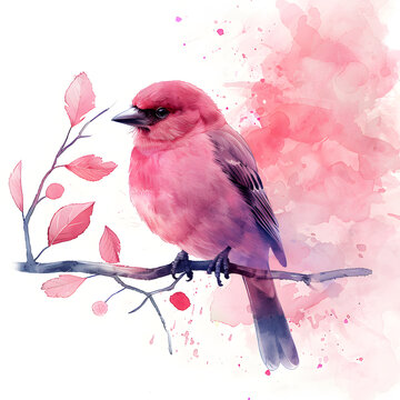 watercolor iIllustration, high detail, white background, pink sparrow