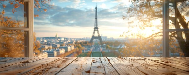 Beautiful scenery: empty white wooden table with Eiffel Tower view, blurred bokeh out of an open window, product display, defocus bokeh, blurred background with sunlight. product display template