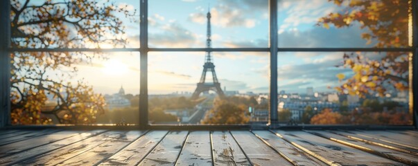 Beautiful scenery: empty white wooden table with Eiffel Tower view, blurred bokeh out of an open window, product display, defocus bokeh, blurred background with sunlight. product display template