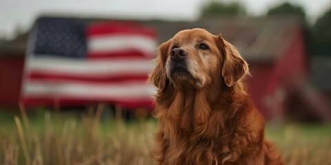 A patriotic dog celebrates freedom in the outdoors with an American flag background. Concept Outdoor Photoshoot, Patriotic Theme, American Flag, Celebrating Freedom, Dog Portraits