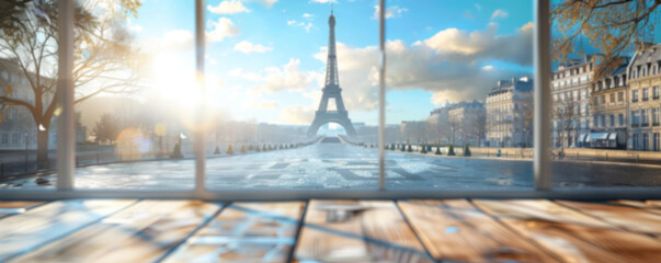 Fototapeta premium Beautiful scenery: empty white wooden table with Eiffel Tower view, blurred bokeh out of an open window, product display, defocus bokeh, blurred background with sunlight. product display template