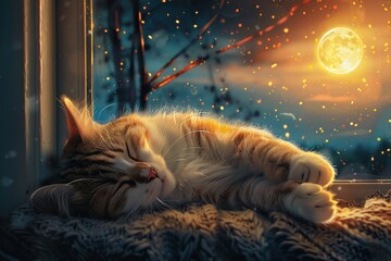 Cozy night an adorable cat sleeping soundly - obrazy, fototapety, plakaty
