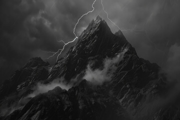 A mountain peak, jagged rocks jutting into the stormy sky, lightning illuminating the rugged terrain