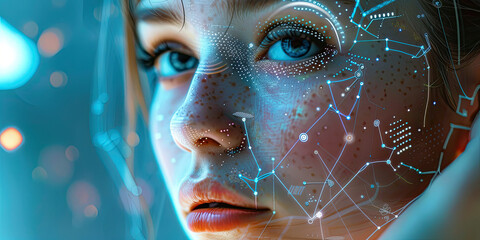 Artificial intelligence head, human face integrated with future technology AI, sensors dangers eye scans scanning body, generated ai