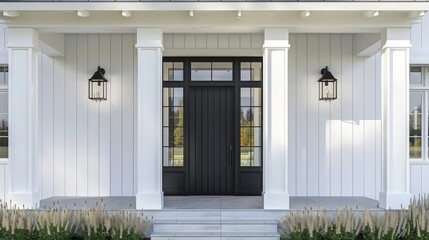 Front door of a modern farmhouse. The house's exterior has white vertical wood paneling and a black...