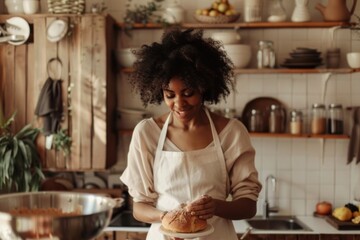 An African American woman wearing an apron dusts a baked loaf with flour in a home kitchen setting.