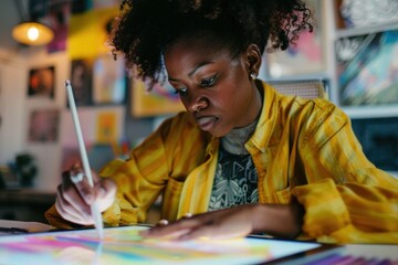 Intently focused African American woman drawing on a digital tablet in a vibrant art studio.