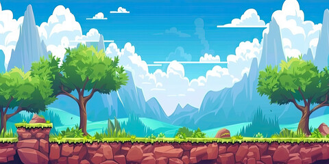 Vintage retro video game level design, vibrant background, old school graphics, scrolling platform, generated ai	
