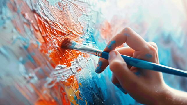 closeup of hands painting an abstract with trendy colors on canvas