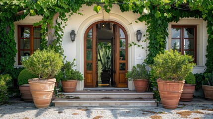 The front door and entrance to a luxury farmhouse-style villa,Landscape with a magnificent country home, a big lawn with a clear blue sky,Landscape with large country house