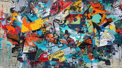 Urban street art with colorful tags and murals, raw energy and creativity, graffiti culture.
