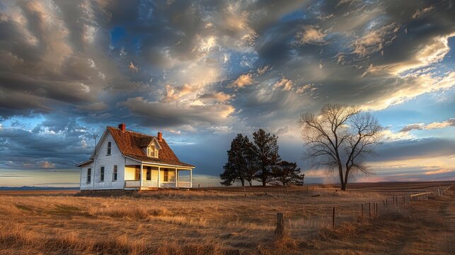 A white farmhouse in the countryside,Abandoned house in the prairie under a stormy sky