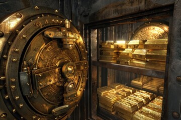 a bank vault, filled with gold bars and coins