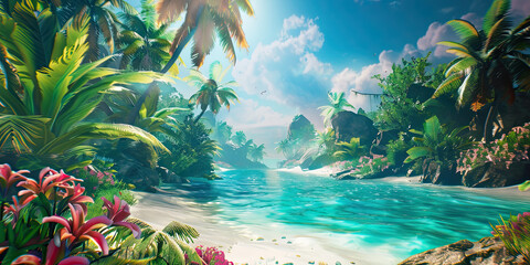 Anime tropical waters, video game style graphic resource illustration background tropics vibrant ocean backdrop, generated ai