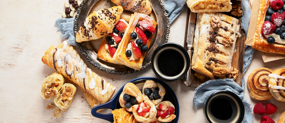 Freshly baked pastry. Delicious dessert table.