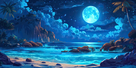 Fototapeta na wymiar Night anime ocean, retro video game style graphics sea view background, generated ai